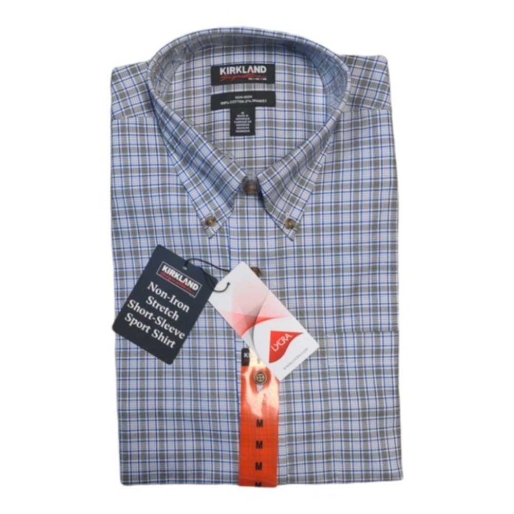 Kirkland Signature Men's Non Iron Stretch Short Sleeve Plaid Shirt Medium M